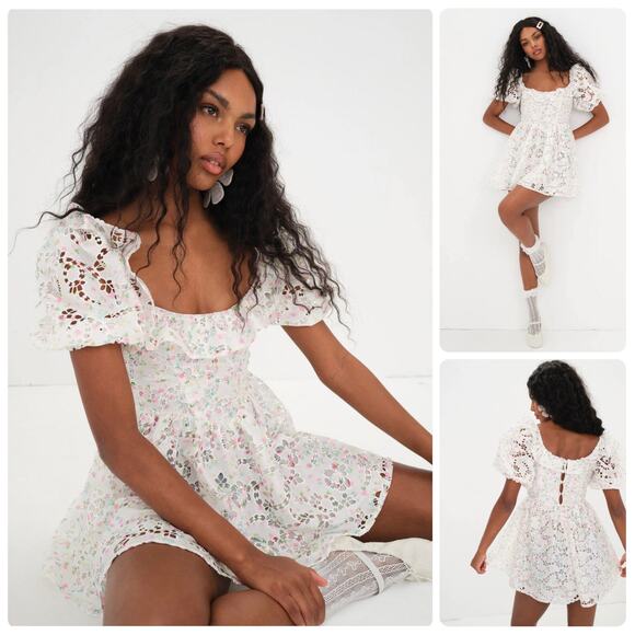For Love & Lemons Magnolia Mini Pastel Floral Taffeta Puff Sleeve Dress Medium - Picture 1 of 14